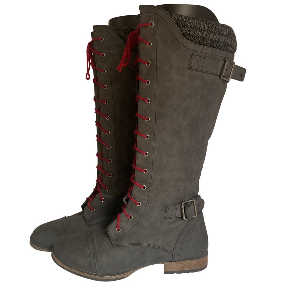 Y2K Gray Knee High Combat Boots Women’s 8 Lace Up Buckle Punk Grunge Style